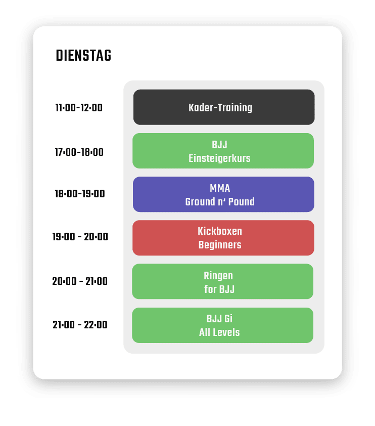 Ein Trainingszeiten-Bildschirm, der einen Zeitplan für eine Gruppe von Personen anzeigt.